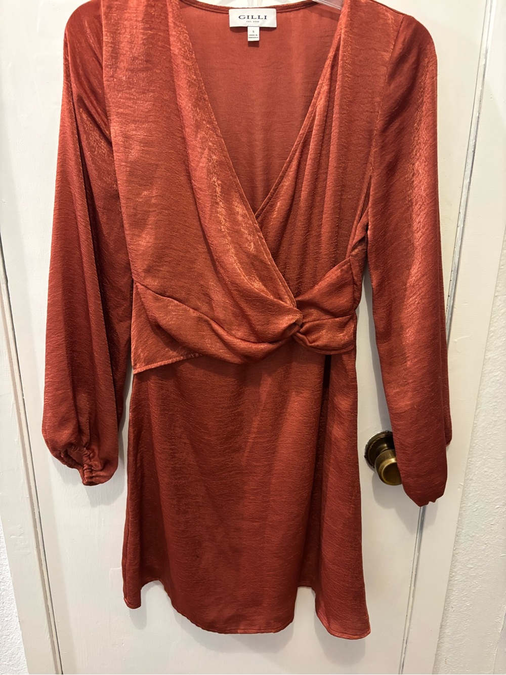 Gilli Copper Wrap Knot Long Sleeve Dress